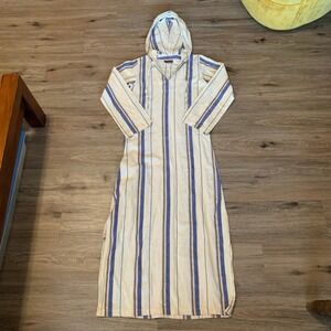 Vintage 1970s Chandni Hooded Kaftan Blue Striped Cotton Djellaba Thobe - Medium